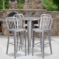 Flash Furniture CH-51080BH-4-30VRT-SIL-GG 24" Round Metal Bar Table Set with 4 Vertical Slat Back Barstools in Silver